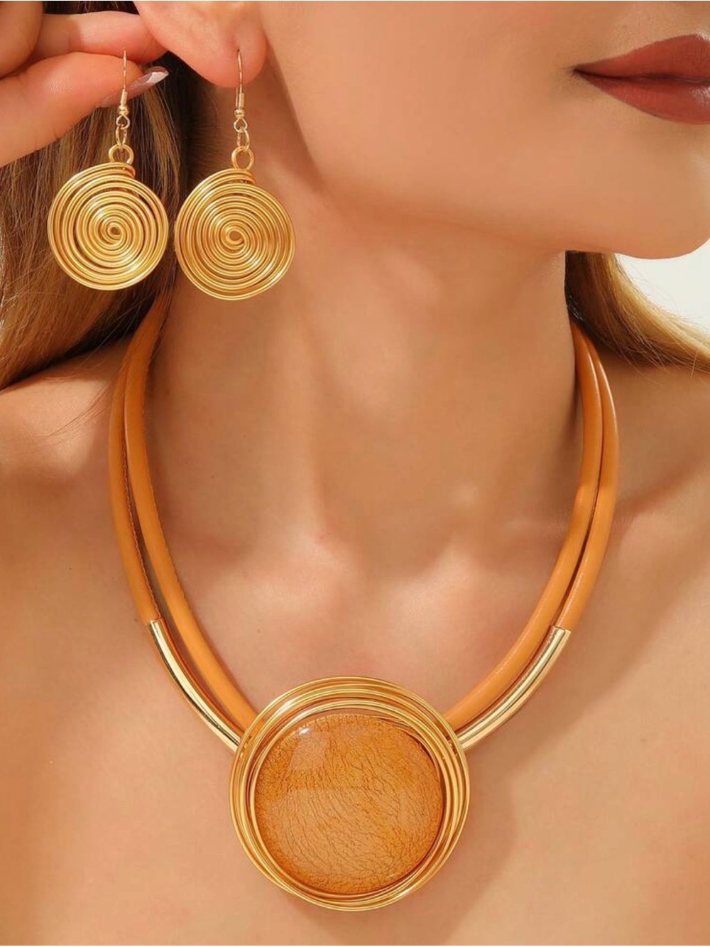 Gold and Tan Spiral Pendant Necklace with Matching Earrings